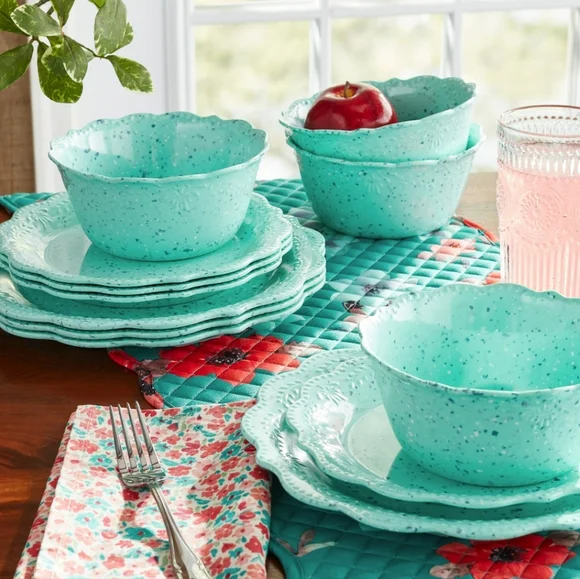 ❤️ New Pioneer Woman Juliette Teal Melamine 12-Piece Dinnerware Set - Picture 6 of 6